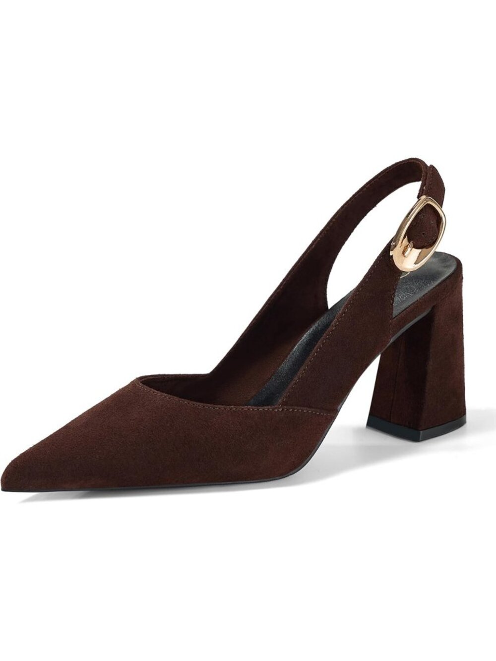 Women's Dark Brown Suede Pointed Toe Slingback Heel Adjustable Buckle Pumps